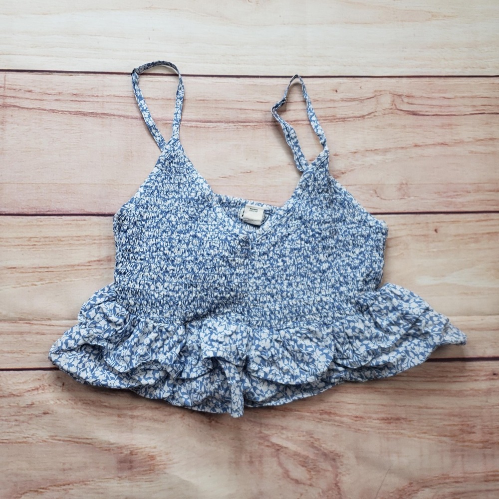 Billabong Tank‎ Top Womens Small Blue Floral Smocked Cropped Ruffle Strappy Surf
